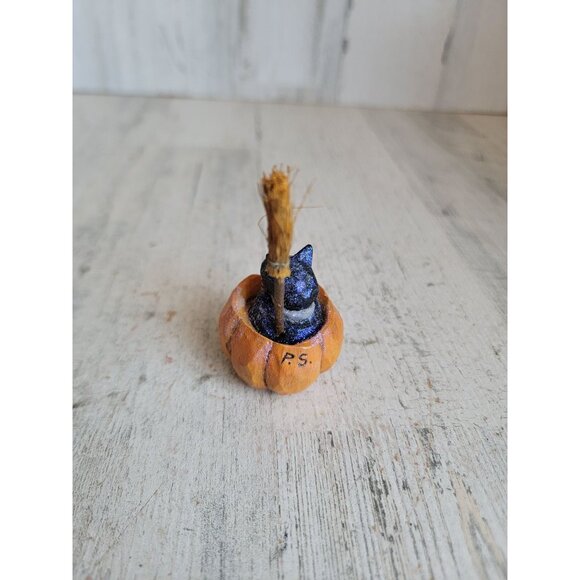 PS cat rustic miniature pumpkin broom Halloween figure decor vintage - Picture 5 of 7